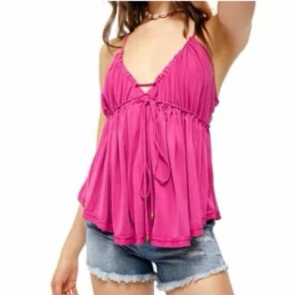 Free People Ruched Magenta Halter Top – Size M, Soft Jersey Knit Boho Cami - Picture 2 of 14